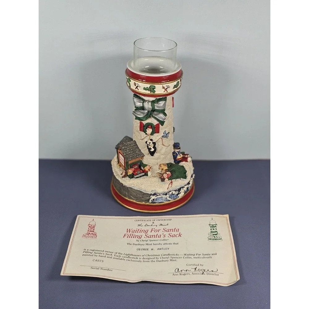 Danbury Mint Cheryl Collins Lighthouse Santa Elves Figurine w COA